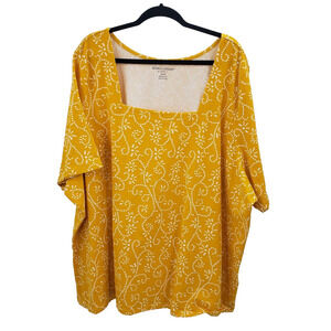 Jessica London Yellow Floral Print Top Women 38 40 Square Neck Short Sleeve Knit